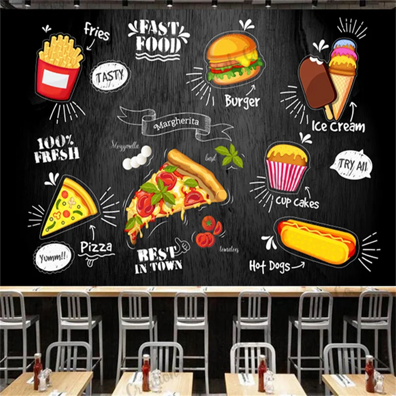 Lavagna Personalizzata Fast Food Wallpaper Industrial Decor Pizza Hamburg Murale Ristorante Snack Shop Sfondo Parete Papel De Parede