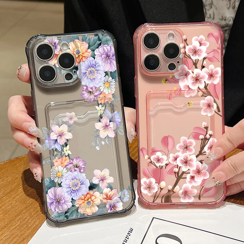 Floral Shockproof Clear TPU Phone Cover with Card Slot Pocket