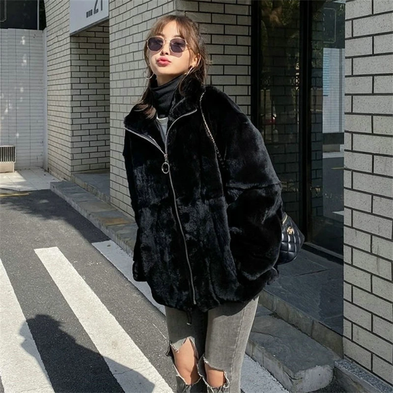 Winter Solid Color Faux Fur Lambwool Coat Women's Korean Version Loose Simplicity Stand-up Collar Jacket Fashion Clothing Coat
