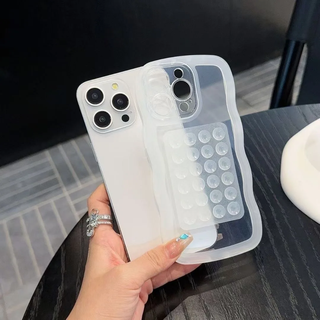 Transparent Shockproof Soft Back Phone Case with Suction Cup Stand and Wave Border Design