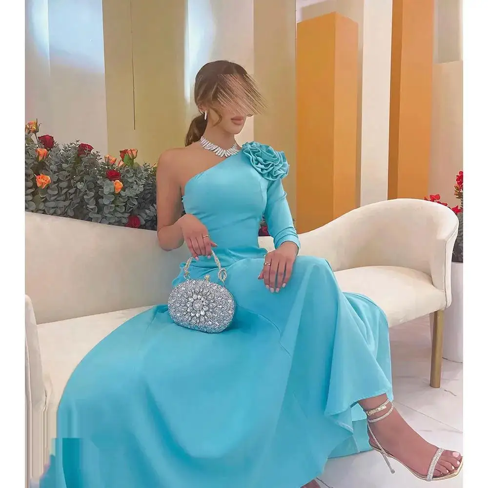 Dubai A-Line One Shoulder Prom Dress Floor Length With Full Sleeves Evening Summer Elegant Party Dress For Women 2024 dubai one shoulder beading evening dresses full length 2022 a line satin long sleeves formal party wear gown prom dress