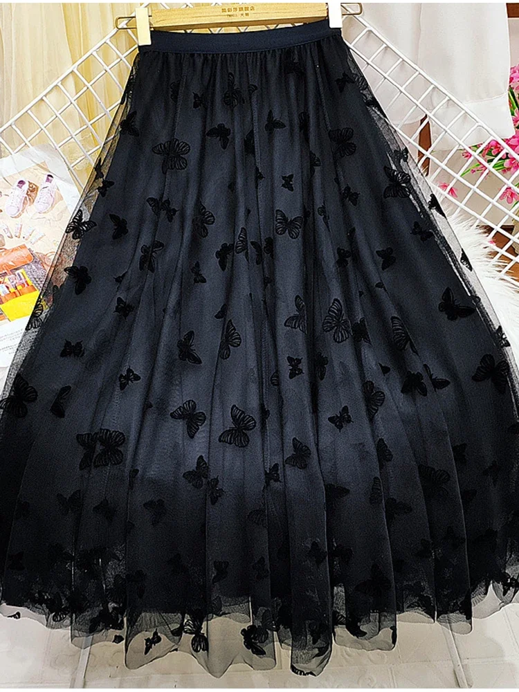 Butterfly Flocking Tulle Long Skirt Women Aesthetic Casual A Line Elastic High Waist Midi Mesh Skirt Female Black 3