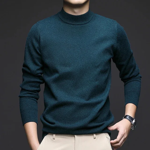 thumbnail image 1 of Otoño 2024 Nuevo suéter elástico ajustado de color sólido de cuello medio alto para hombres Camisa de fondo para jóvenes y de mediana edad, 1 of 5