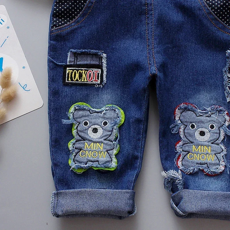 DIIMUU Toddler Baby Overalls Kids Clothing Boys Girls Denim Jumpsuits Casual Bear Patchwork Jeans Pants Infant Bebe Trousers