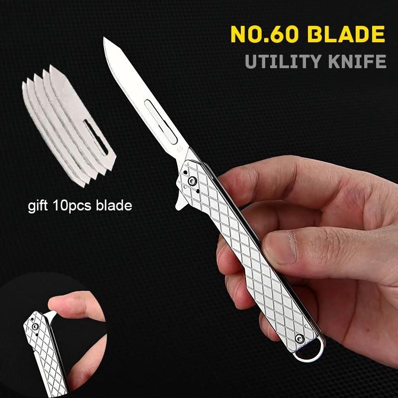 NO60BladeUtilityKnifeCuttingPaperEDCStainlessSteelFoldingKnifeInterchangeableBlade