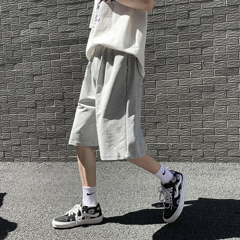Summer New Y2K Solid Color Cotton Loose Men's Sports Pants Shorts Street Wear Simple Drawstring Straight Casual Shorts Male 2
