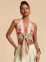Haut court col licou pour femmes, Sexy, nœud sur le devant, sans manches, imprimé graphique Floral, col en v, dos nu, débardeur, vêtements Y2K, été 5