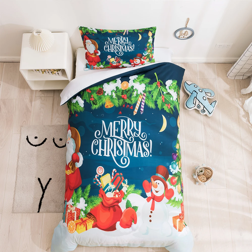 

3Pcs Santa Claus Snowman Bedding Sets Merry Christmas Duvet Cover Set Twin for Kids Xmas Gift Comforter Cover Set Bedclothes