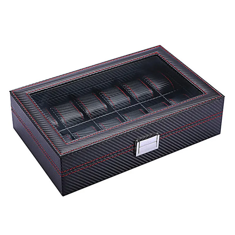 Watch Box 6 Slot Watch Box Organizer for Men Display Case with Glass Topped for Gift Business Carbon Fiber Leather