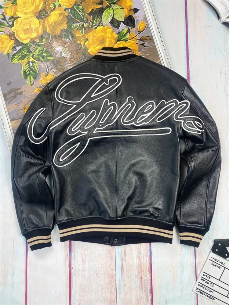 Men Leather Jacket First Layer Cowhide Casual Baseball Uniform Embroidered Loose Top