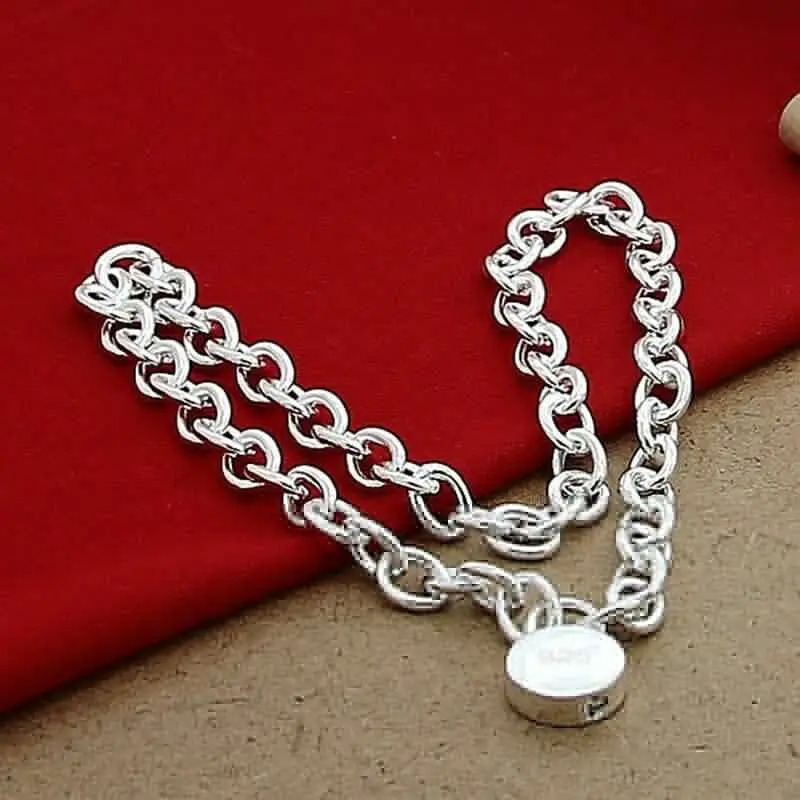 

Modern Chic Trendy Style 925 Sterling Silver Round Lock Pendants Necklaces Chain