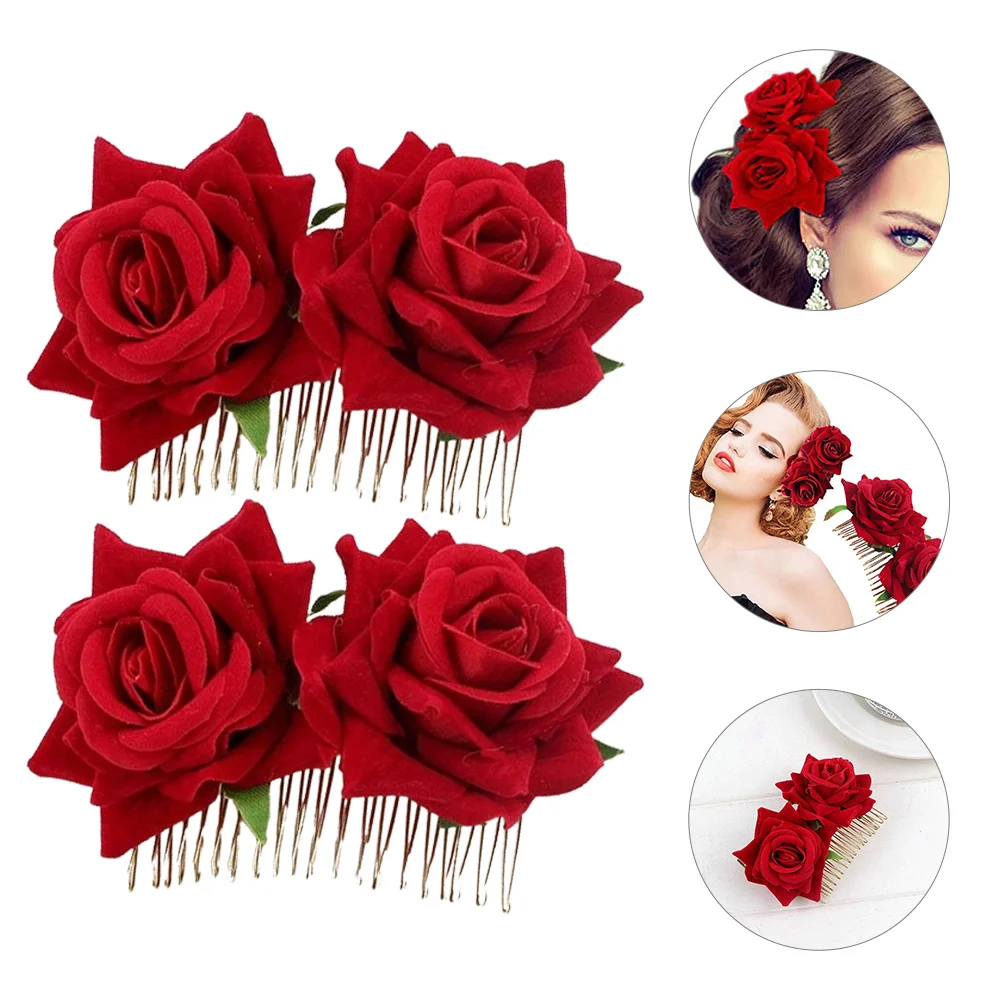 

2 Pcs Rose Comb Flower Hair Bridal Side Wedding Party Headpiece Floral Accessories Clip Fabric Pin
