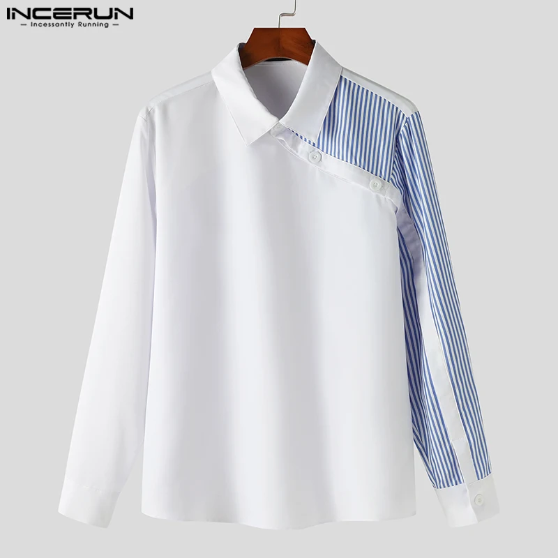INCERUN Tops 2023 American Style Handsome Mens Striped Patchwork Shirts Casual Simple Male Hot Selling Long Sleeved Blouse S-5XL
