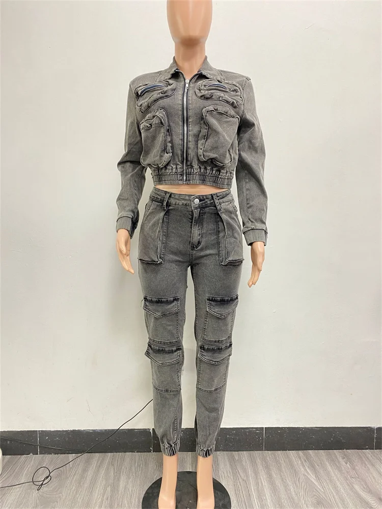 Wmstar Denim Two Piece Set Women Jacket Coat Top Jeans Cargo Pants Cool New in Winter Matching Clothes Wholesale Dropshipping