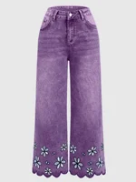 Plus Size Womens Loose Fit Jeans Printed Denim Pants Elastic Waist Comfort Stretch Trousers Floral Embroidery Women's pants - Image 4