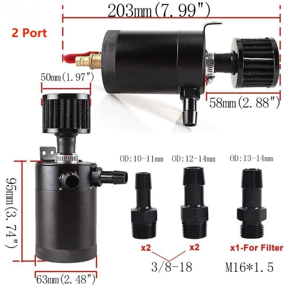 Universal Car Oil Catch Can Kit Reservoir Tank Baffled 2-port/ 3-Port Oil Separator with Breather Filter + Drain Valve,car oil catch can kit