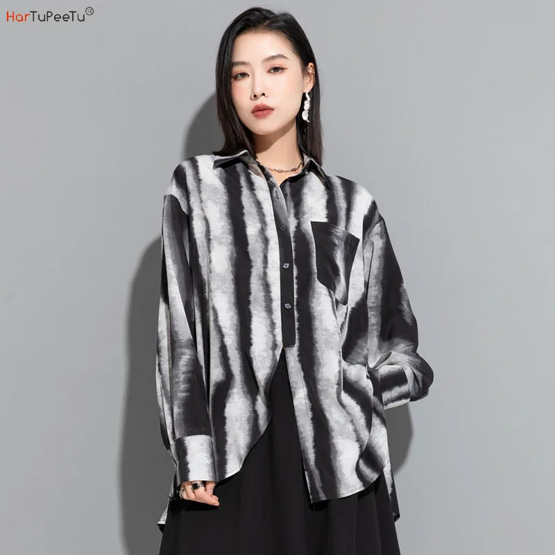 2023 Women Shirt Summer Long Sleeve Top Tie Dye Thin Tencel Blouses Lightweight Back Split Loose Casual Fashion Brand Clothing