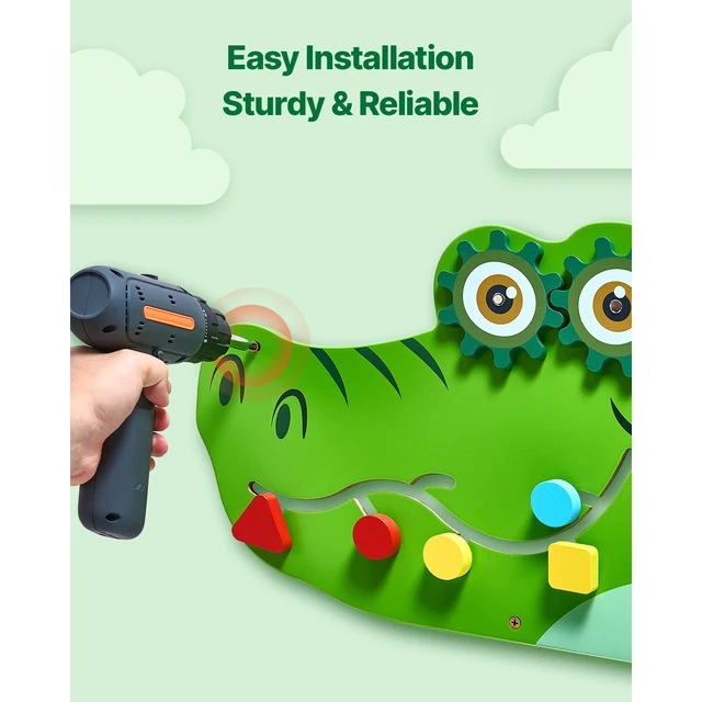 SucceBuy 9-Activities Crocodile Kids Busy Hanging Board Toy Montessori Early Learning Puzzle Decor Panels Toys for Children Gift