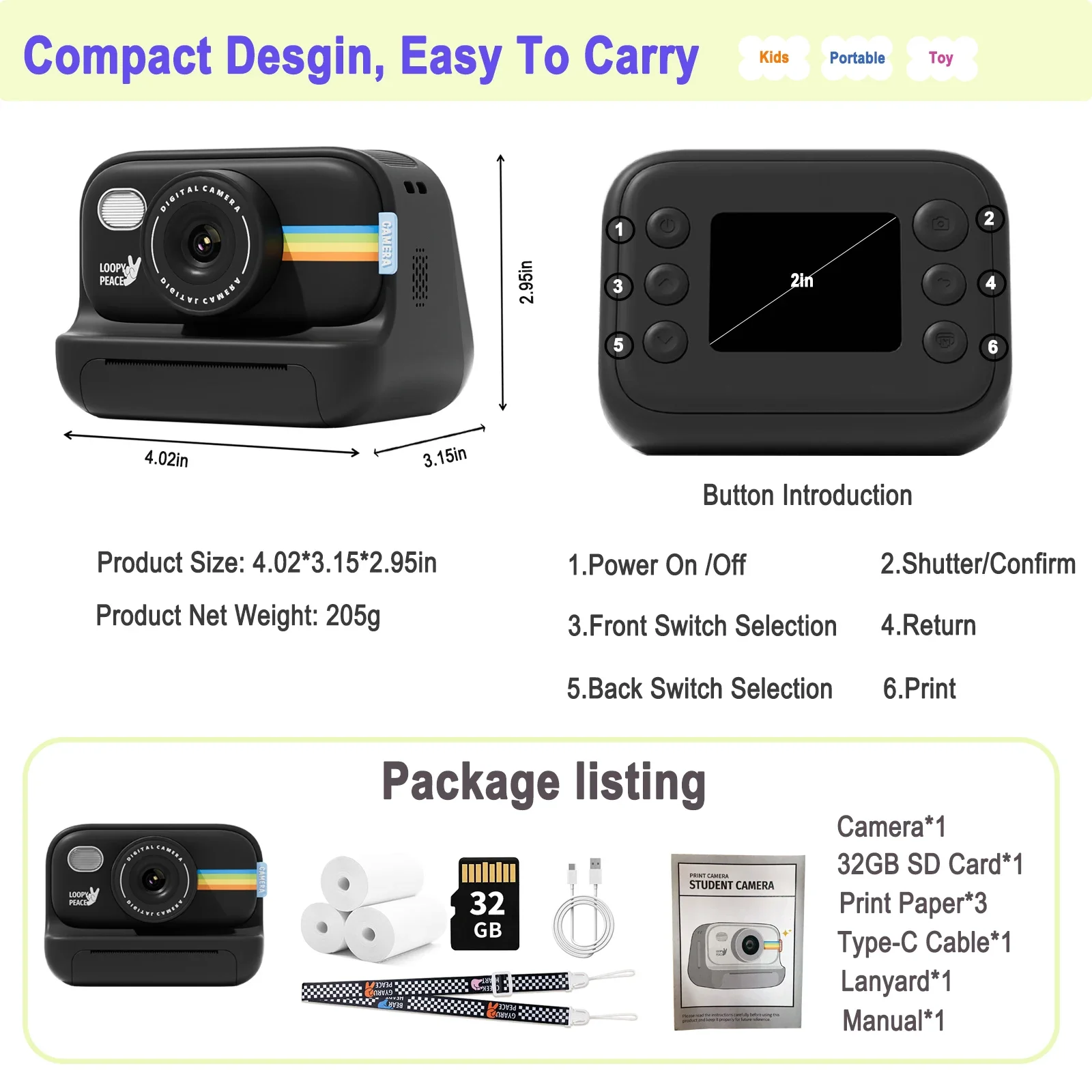 Digital Camera For Kids 2.0 Inch Screen Instant Print