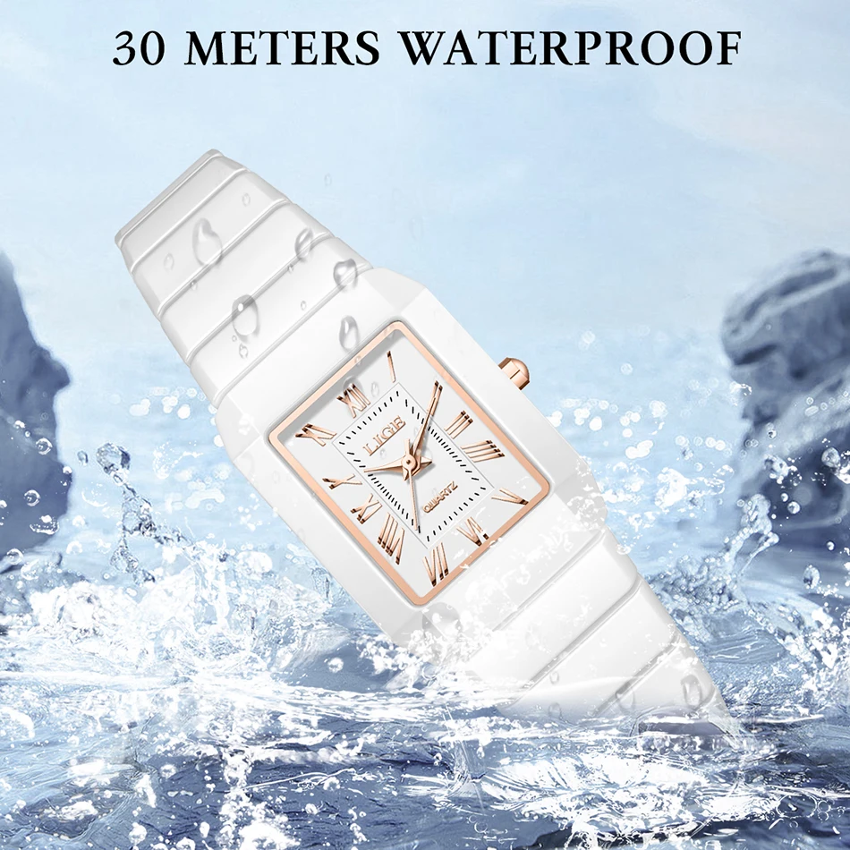 LIGE Creative Square Watch Women Fashion Waterproof Ladies Quartz Watch Casual Sport Ceramic Bracelet Wrist Watches For Women
