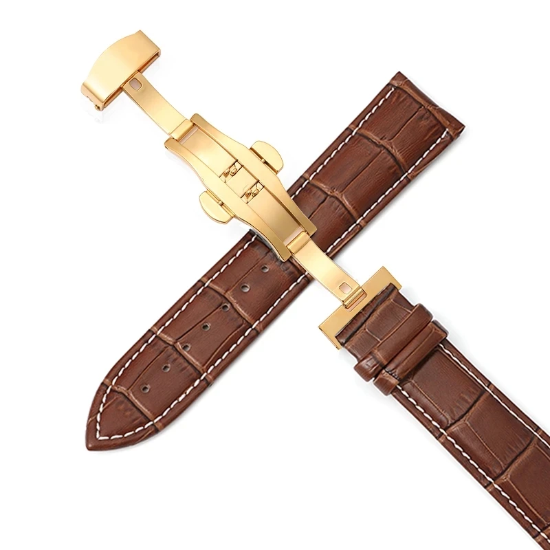 Cowhide Leather Watch Strap with Stainless Steel Butterfly Buckle – Gold/Rose Gold Finish