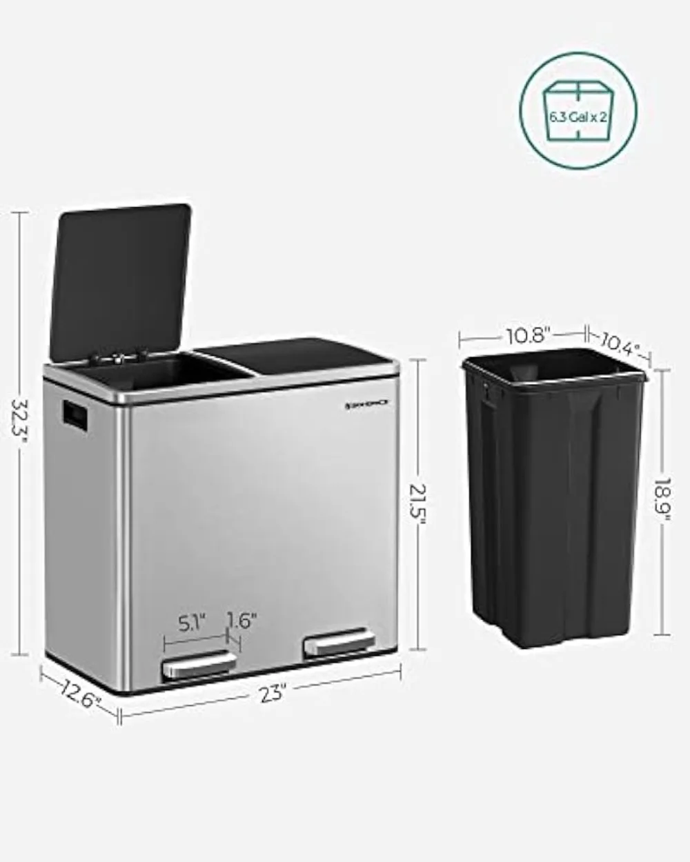  SONGMICS Cubo de basura de cocina, 318 litros, cubo con 3  compartimentos, cubos interiores y 6 adhesivos para separación de residuos,  sistema de separación de residuos, color negro, LTB54B, 23.8 x