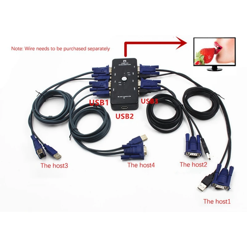 One for Four 4 Port USB 2.0 KVM Switch Box + 4 KVM Cables Keyboard Monitor VGA SVGA PC Laptop