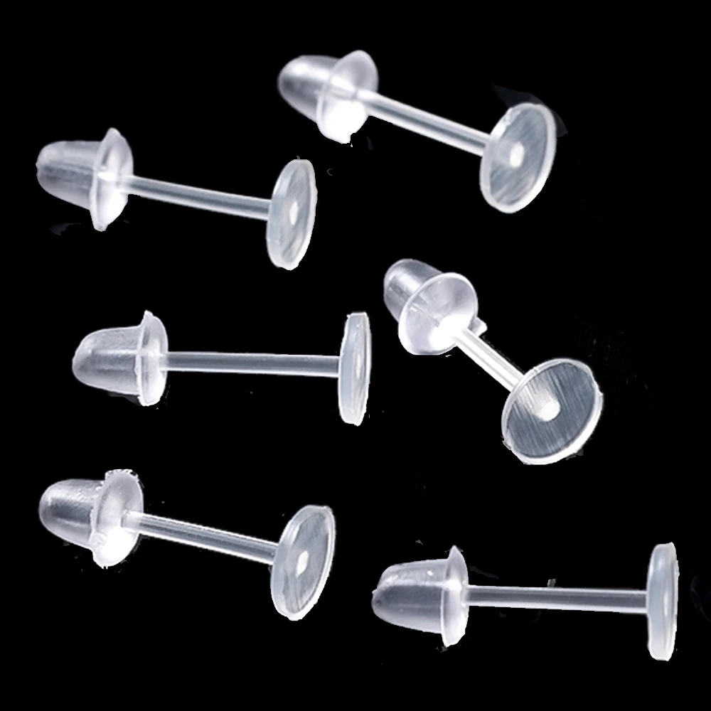 100 Stück weiße hypoallergene Ohrringe aus Kunststoff, durchsichtige Ohrstecker, Nadel und Harz, Ohrring-Verschlüsse, DIY-Ohrringe, Zubehör, Sport, Arbeit – Detail 6