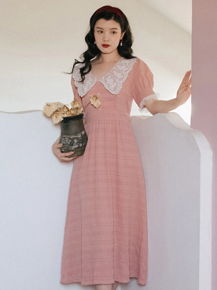

Summer new women's elegant Korean style embroidered doll collar short sleeves pink long dress Bohemian travel holiday dress