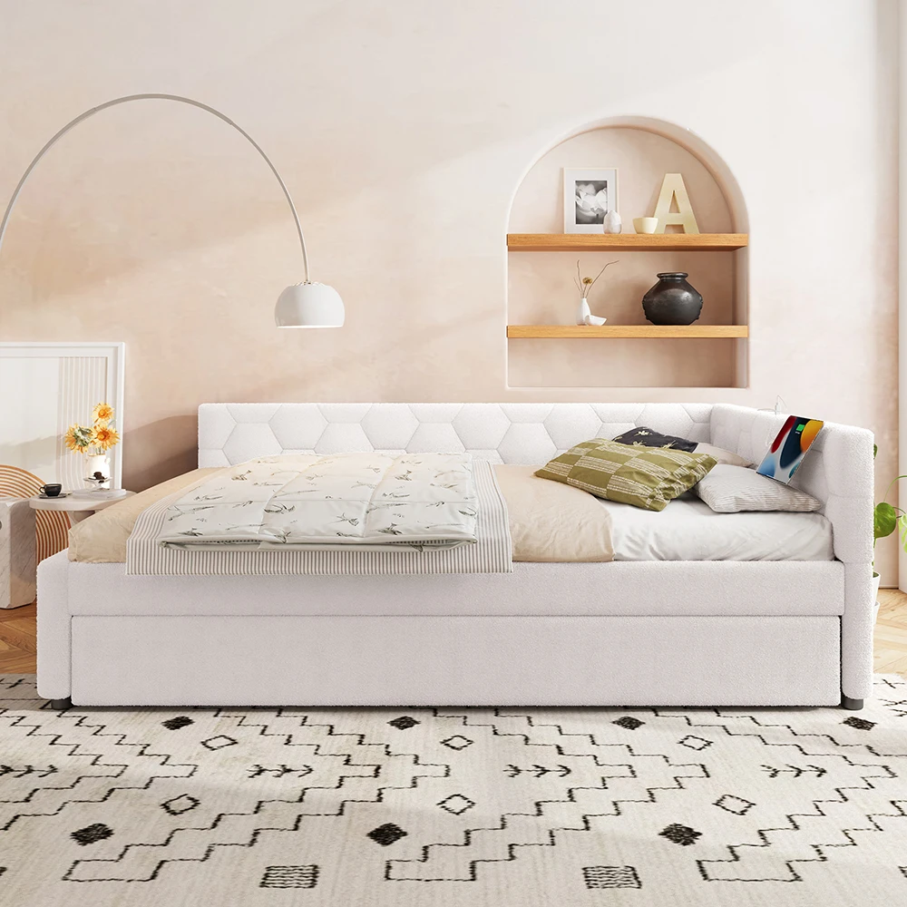 KOMHTOM 140×200cm Tagesbett, Schlafsofa mit Lattenrost, USB/Typ-C-Ladestation, Nachttischlampe & Ausziehbett, ohne Matratze – Detail 2