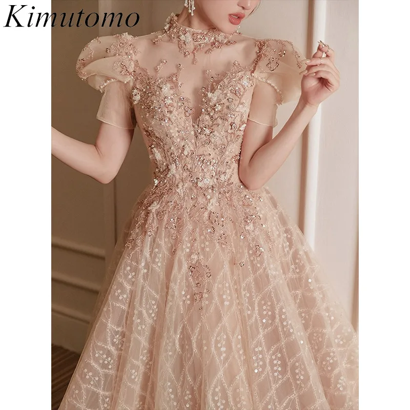 

Роскошное платье Kimutomo с блестками и бусинами для женщин, шикарные сетчатые платья с V-образным вырезом для тяжелой промышленности, платья для женщин, пригласительные