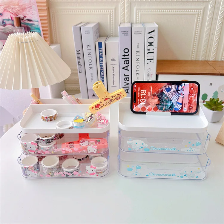 Cute Sanrio Double Drawer Desktop Storage Box Kawaii Hello Kitty Kuromi Cinnamoroll Student Stationery Clutter Storage Box