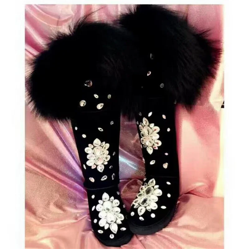 

Black fox hair boots Handcrafted winter plus fleece warm boots rhine-drill fur one-piece boots women's large size 35-44