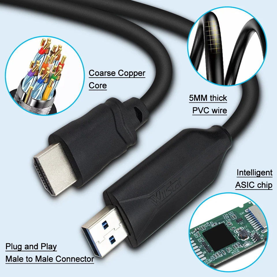 PC용 USB-HDMI 어댑터 컨버터, 내장 칩 수-수 USB 3.0, 2.0-HDMI 외장 그래픽 비디오 케이블, 1080P, 1.5M 