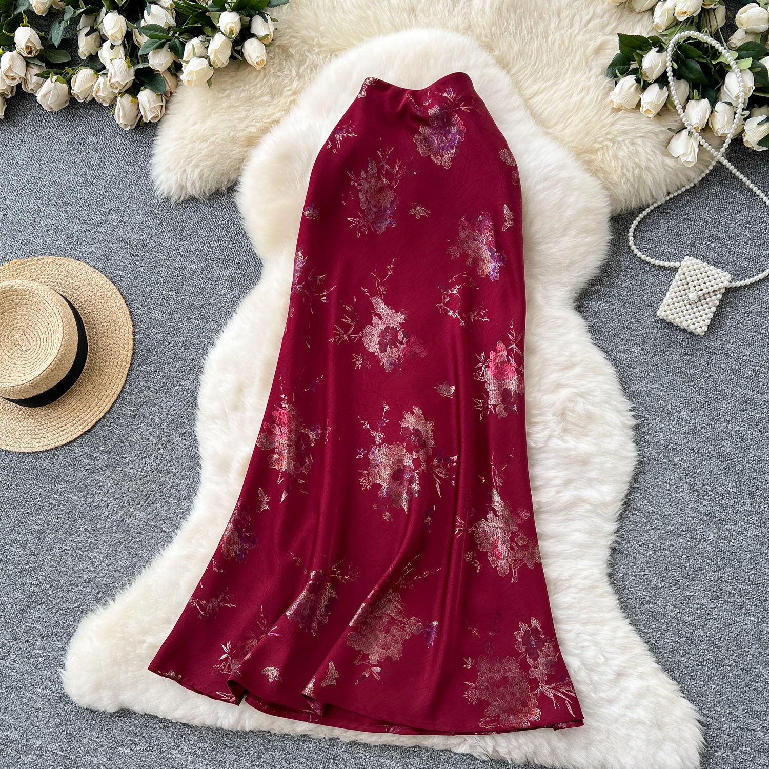 Sexy satin Chic print glitterHigh Waist Hip Wrap summer split sweet Full Skirt women clothing