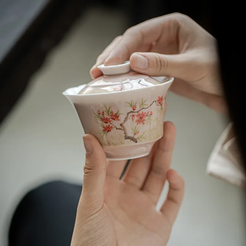 Hand Painted Peach Blossom Gaiwan For Tea Ceramic Tureen Teaware Set Pink Chinese Tea Bowl Chawan Lily Deng's Store Cup
