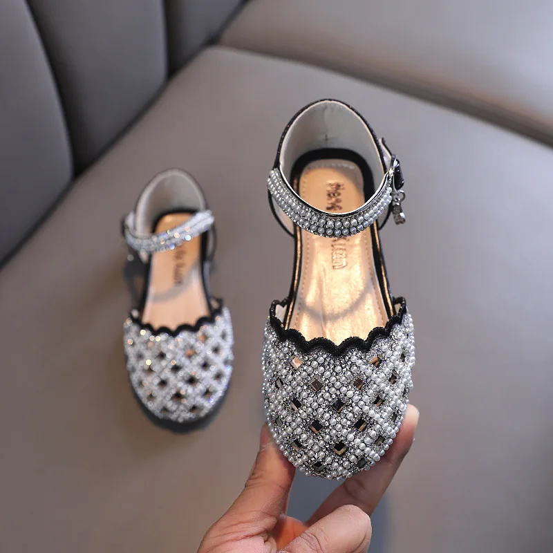 Kids Pearl Flats Sandals Girls Princess Rhinestone Party Leather Hollow Out Beach Shoes Size 21-36 kids shoes children sandals kids sandals beach shoes