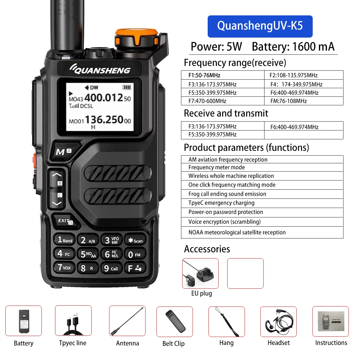 Quansheng UVK5 walkie-talkie full-band aviation band hand-held outdoor  automatic one-button frequency matching go on road trip H