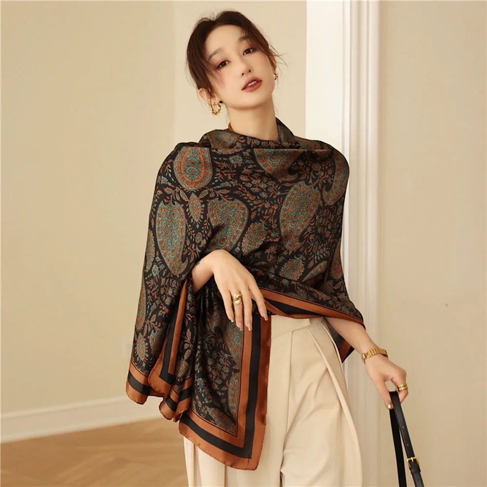 여성용 빈티지 패션 페이즐리 넥 스카프, 고품질 실크 스카프, 유럽 미국 인기 터바 따뜻한 숄, 가을 겨울