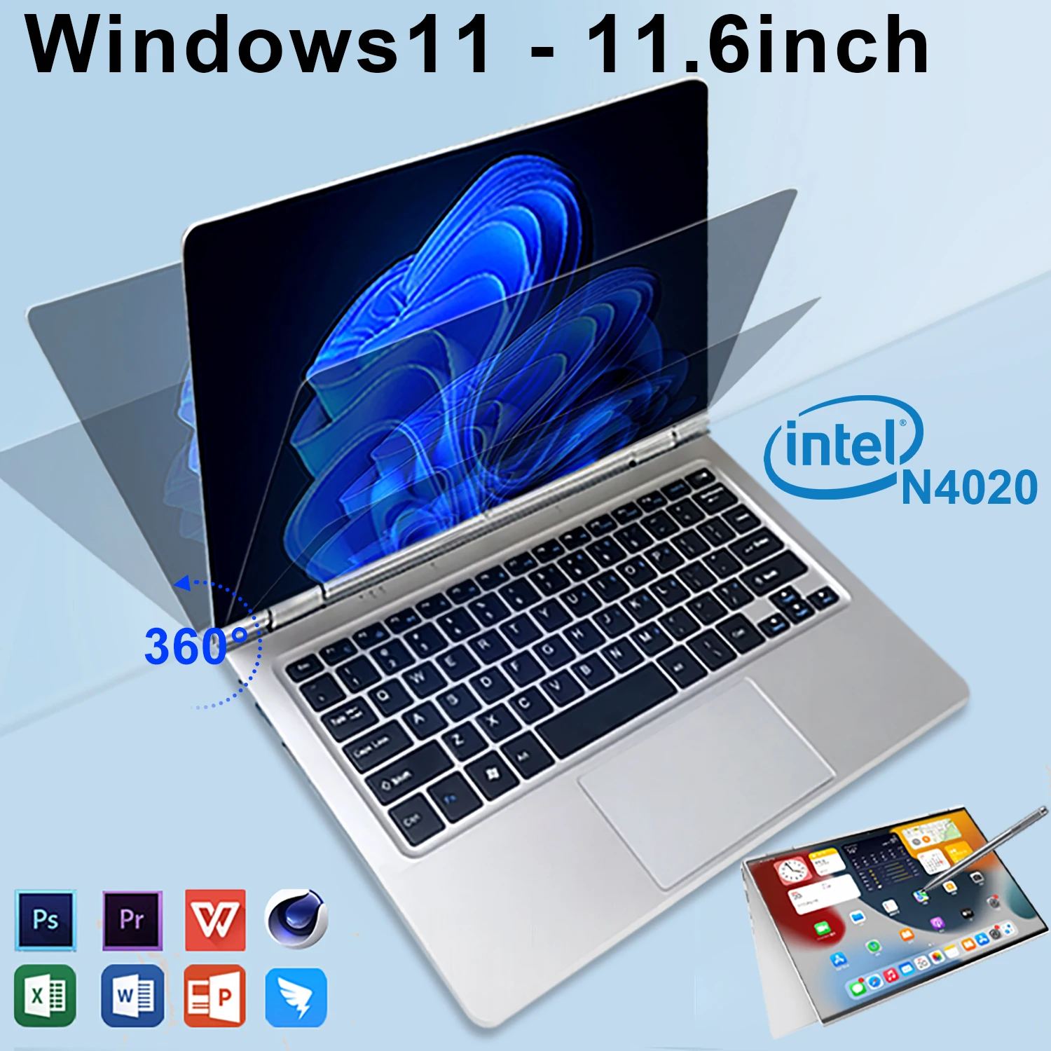 2024 360 Gradi Di Rotazione Gaming Laptop Windows 11 Laptop Netbook 11.6 Pollici Intel Alder N4020 256Gb Ddr4 8Tb Wifi Ultrabook