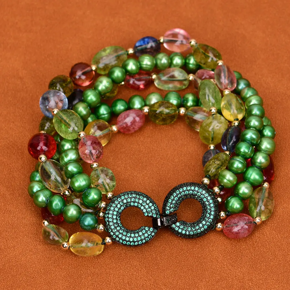 Gg 5 Righe Natural Green Potato Round Pearl Mix Color Crystal Bracciale Green Cz Clasp Cute For Lady