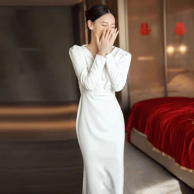 

Harajpee French Satin Wedding Dresses Long Sleeved Light 2024 New Bride Retro Welcome Dress Fish Tail Spring Summer Vestido