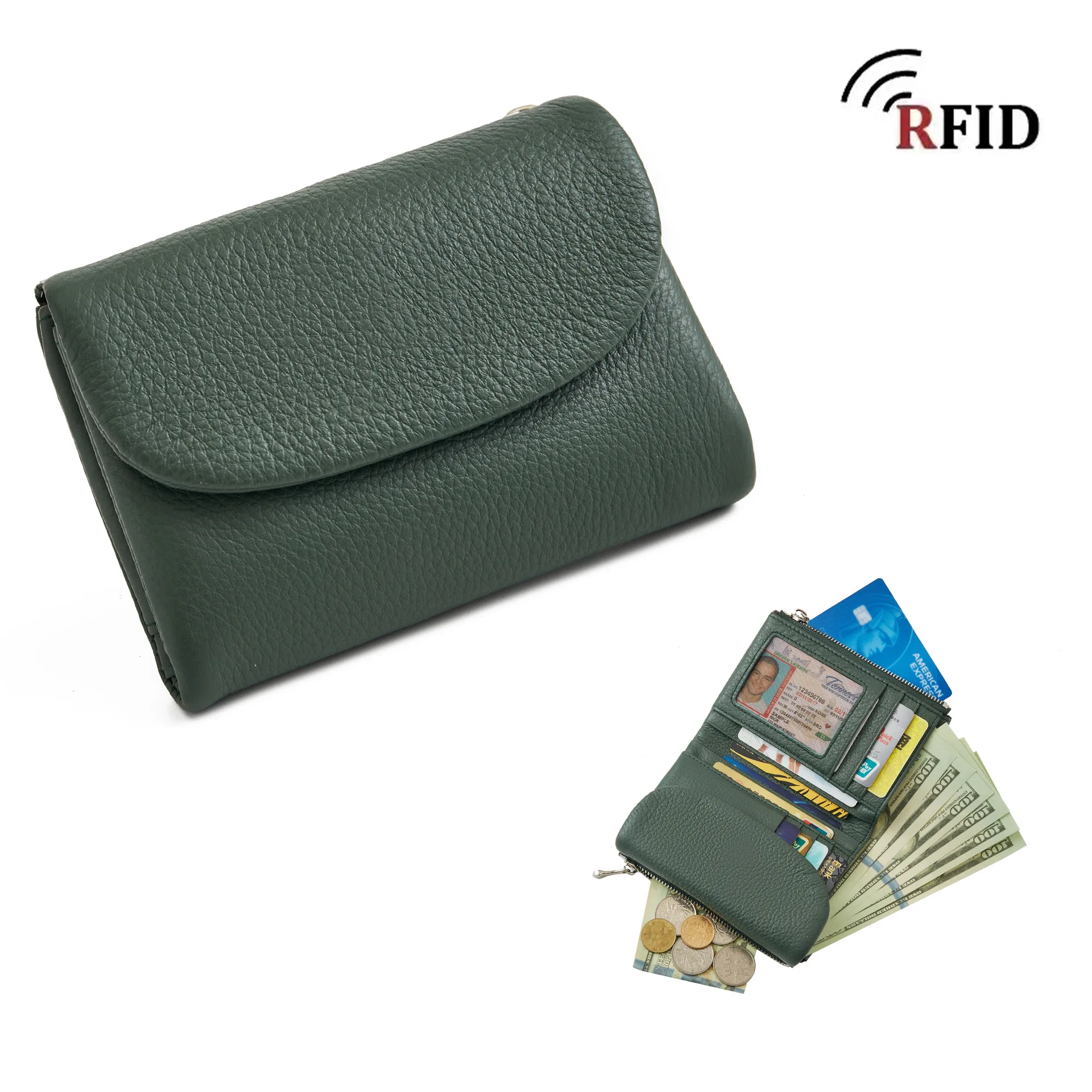 Women's RFID-Blocking Top-Grain Cowhide Wallet - Fashionable, Collapsible, and Spacious