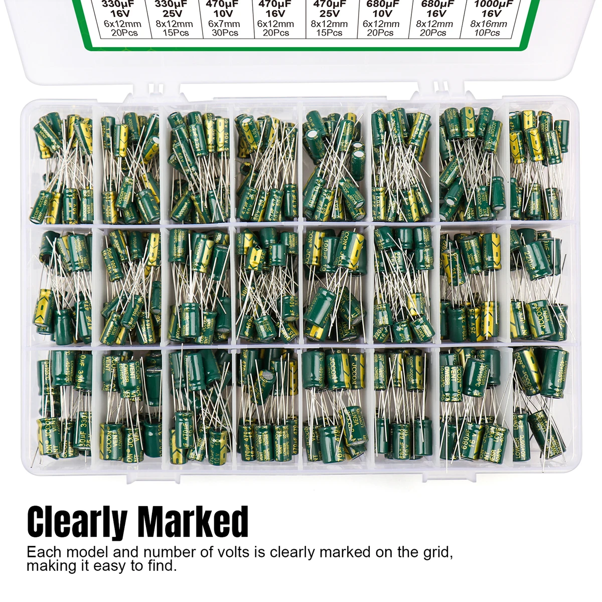 625Pcs 24Values Aluminum Electrolytic Capacitor Kit 10V-100V 1F-1000uF Capacitors Box Assortment Kit Aluminum Electrolytic Capacitor