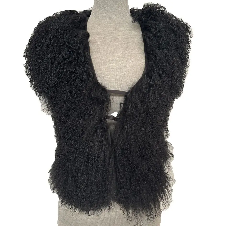 Real Mongolian Sheepskin Fur Vests Women Sexy Deep V-Neck Backless Tie-Up Tops Winter Fashion Warm Waistcoat Midnight Clubwear