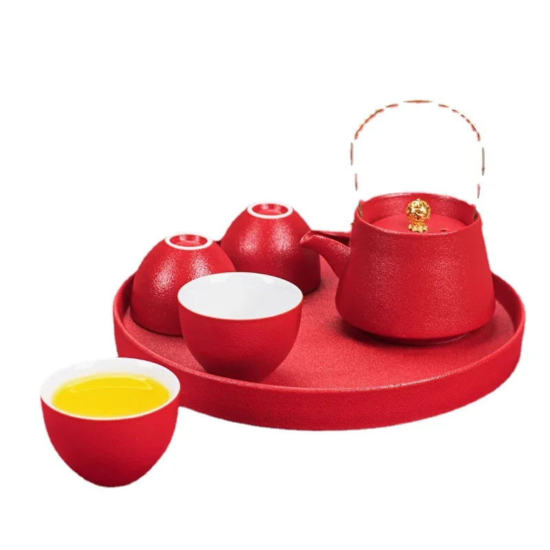 WSHYUFEI Red Teapot Ceramics tea set China wedding Tea Sets Tea Cups Pot Porcelain Wedding banquet Beautiful Kettle Gifts
