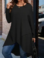 Plus Size Women's Elegant Asymmetrical Hem Long Sleeve T-Shirt  Round Neck Casual Top Solid Color All-Season Clothing Pullover