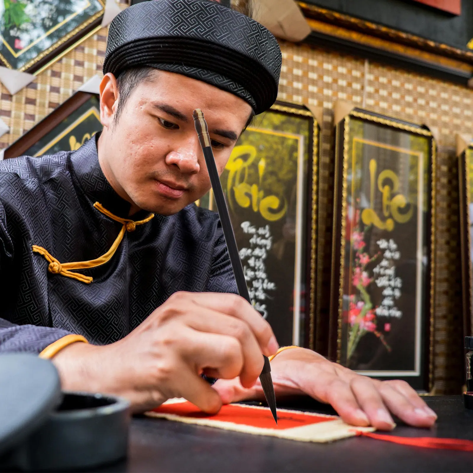 초보자를 위한 중국 서예 붓, 중간 크기, 회색 꼬리, 마노 나무 손잡이, 물소 귀와 너구리 꼬리 디자인, 수미 붓 그림용