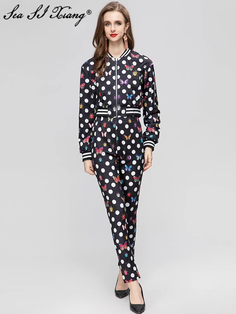 

Seasixiang Fashion Designer Early Autumn Polka Dot Set Women Long Sleeve Short Jacket + Elastic Waist Trousers 2 Pieces Set