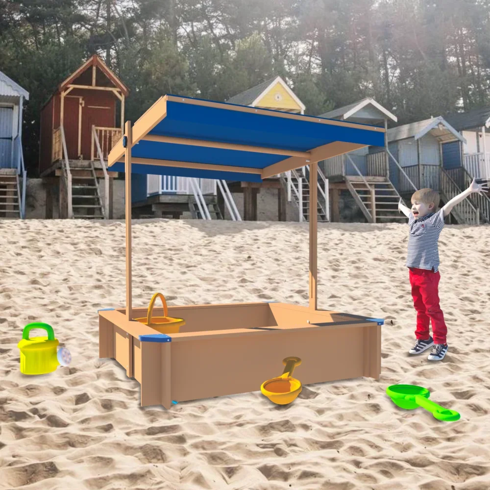 Children's Wooden Sandbox with Adjustable Canopy, Sandpit Covers Kids Wood Playset, Outdoor Backyard-Upgrade Retractable, Golden 3